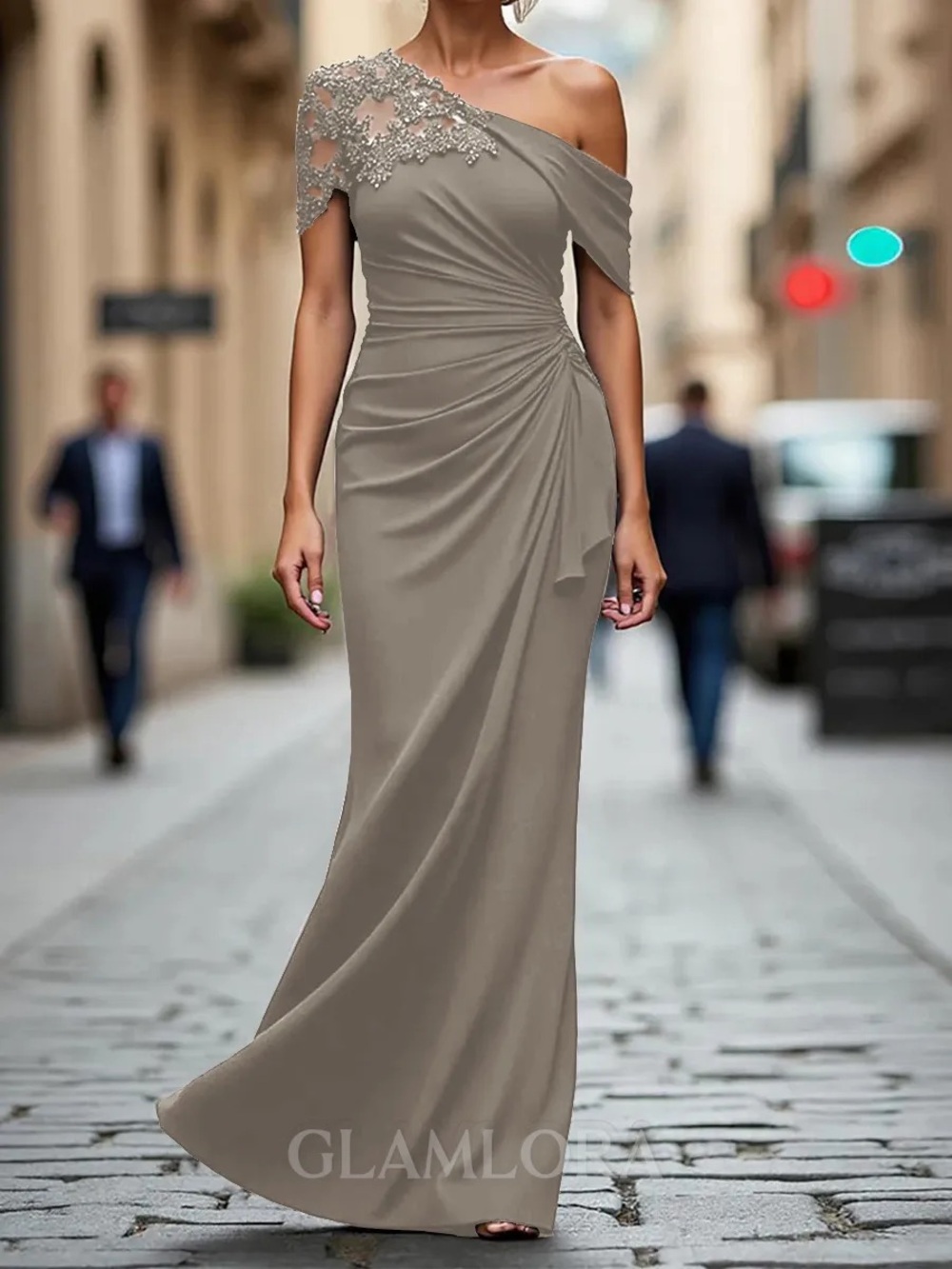 Ryanth Lilac Tan Chiffon Corset
Gown One Shoulder Formal Dress
Size 4&16W